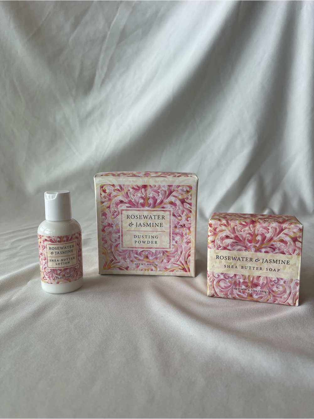 Rosewater and Jasmine Dusting Powder, Shea Butter Lotion, and Soap Bar